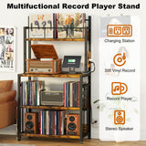 EasyCom Record Player Stand with Vinyl Storage, Turntable Stand Holds Up to 300 Albums, Large Record Player Table with Charge Station, Vinyl Record Stand for Living Room Bedroom EasyCom