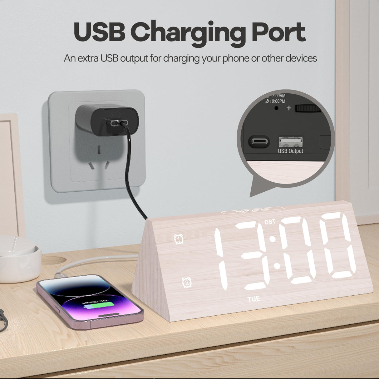 JALL Wooden Digital Alarm Clocks for Bedrooms, Large Bold Digits Electric Desk Clock, with Dual Alarm, USB Port, DST, Auto Dimmer for Wood Decor, Bedside, Gift, White JALL