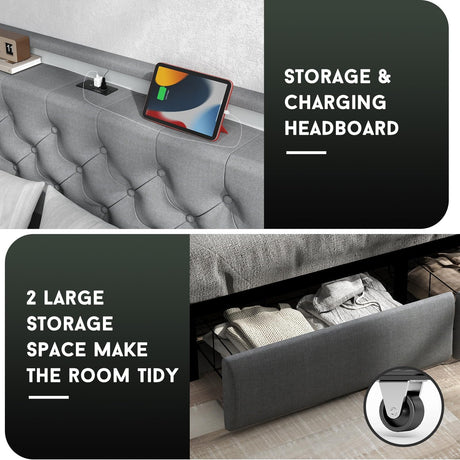 UINTAI Full Size Bed Frame with 2 Storage Drawers and LED Lights, Upholstered Platform Full Bed with Button Tufted Headboard and Charging Station, No Box Spring Needed, Easy Assembly, Gray UINTAI