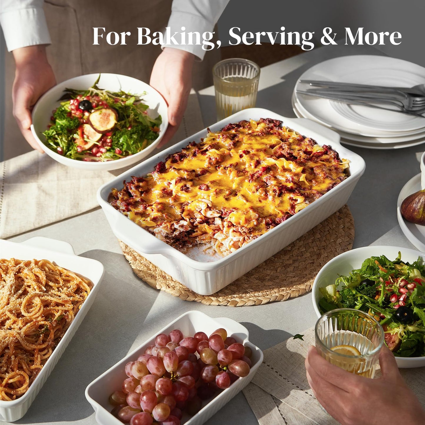 DOWAN Casserole Dishes for Oven, Baking Dishes Set, Ceramic Bakeware Sets of 3, Lasagna Pan Deep, Rectangular Baking Pan Set with Handles for Baking, Casserole, Kitchen, Wedding Gift, White (15.6''/12.2''/8.9'')