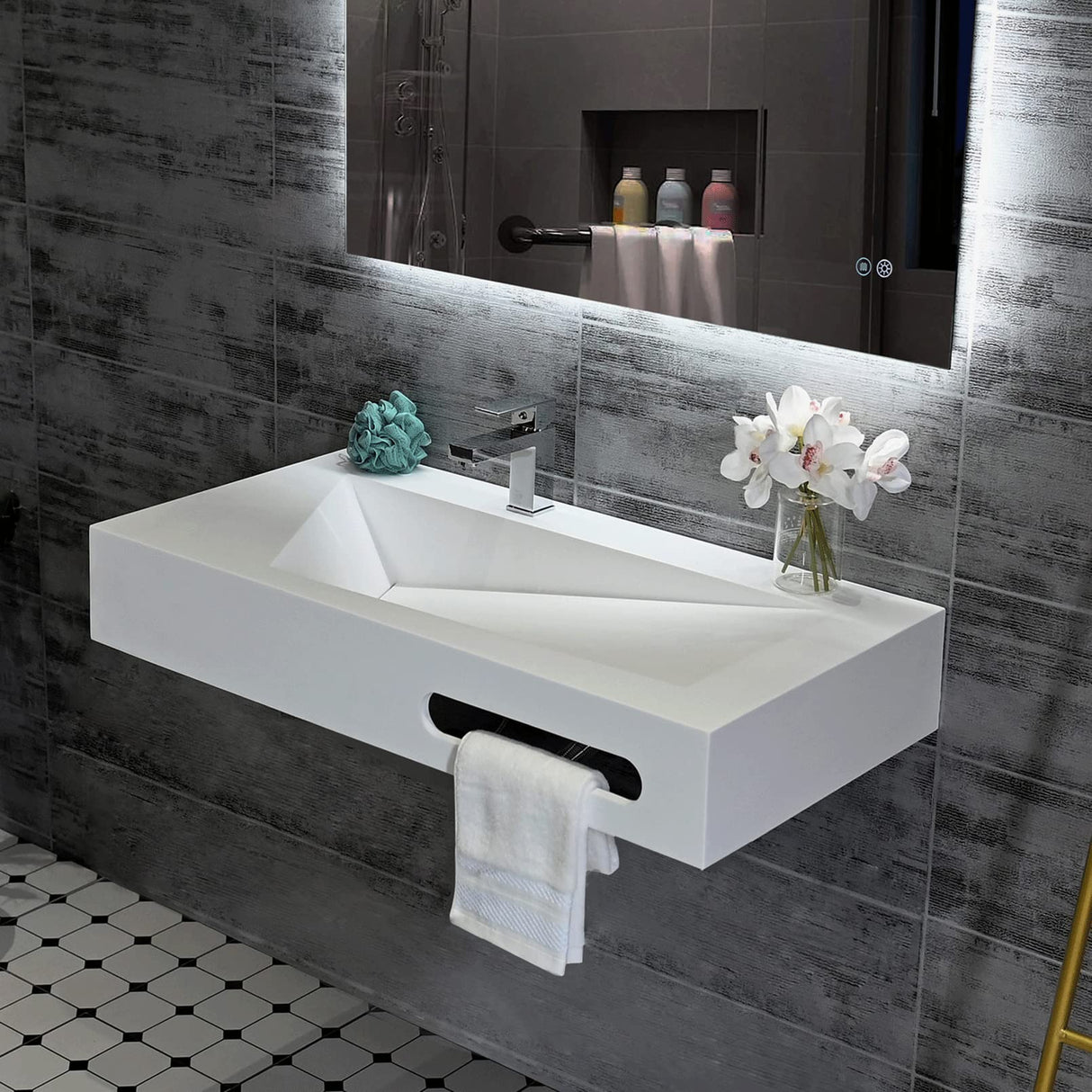 GESIPOR 36"x19" Wall Mount Bathroom Vanity with Sink Stone Resin Floating Vanity Sink Rectangular Vessel Sinks for Bathroom White Trough (Mirror Not Included) GESIPOR