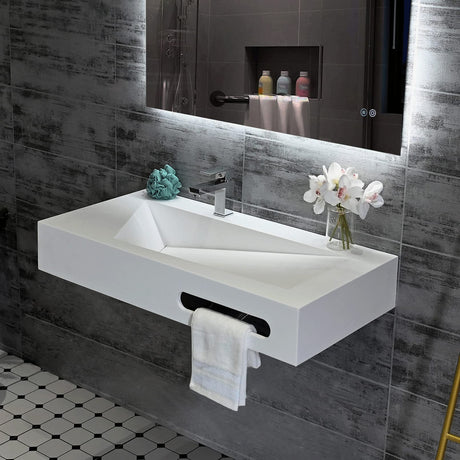 GESIPOR 36"x19" Wall Mount Bathroom Vanity with Sink Stone Resin Floating Vanity Sink Rectangular Vessel Sinks for Bathroom White Trough (Mirror Not Included) GESIPOR
