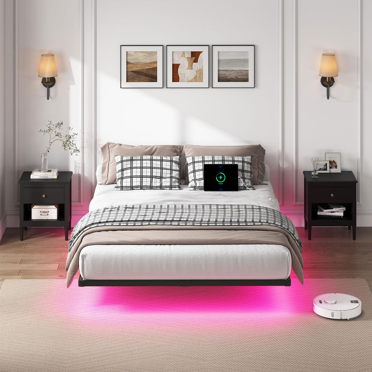 YORMDMO Floating Bed Frame Queen Size, Heavy Duty Bedframe with Smart LED Lights & Charging Station, Modern Metal Platform Bed, Easy Assembly No Box Spring Needed, 10 Inch YORMDMO