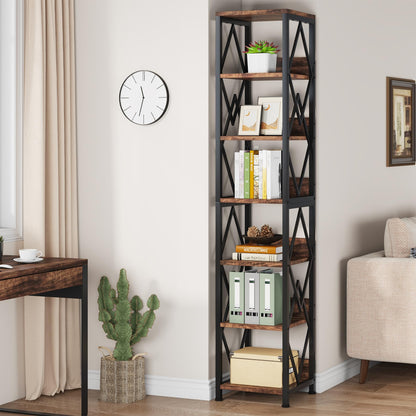 Tribesigns 75-Inch Tall Narrow 6-Tier Bookshelf with Heavy Duty Metal Frame in Brown - WoodArtSupply