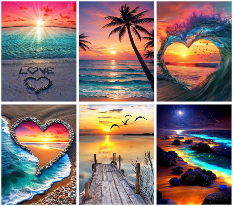 Ekuxom 6 Pack Diamond Art Kits for Adults, 5D Beach Diamond Painting Kits for Adults, DIY Full Drill Round Heart Beach Diamond Art Painting Set Wall Decor Gift 12x16 inch Ekuxom