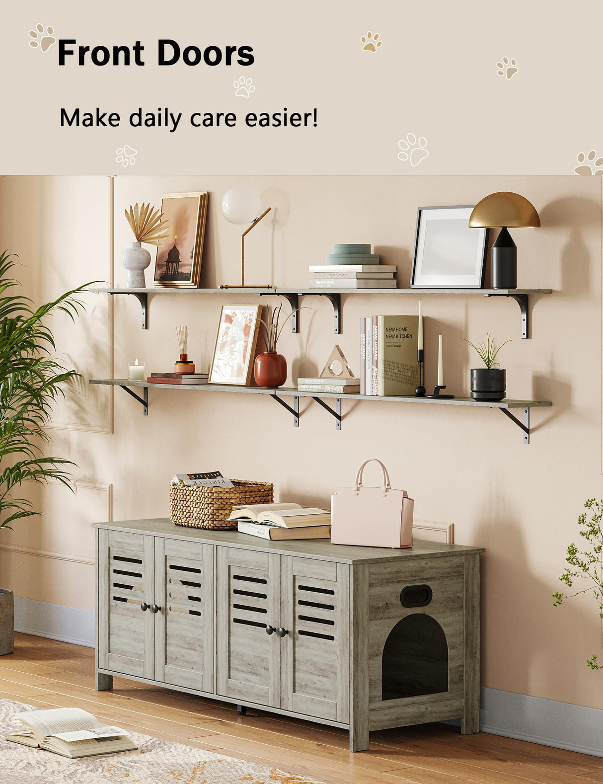 DINZI LVJ Litter Box Enclosure for 2 Cats, Hidden Litter Box Furniture with Double Rooms, Dual Cat Litter House, Front Doors, 47.2" Wooden Hidden Cat Washroom, Side End Table, TV Stand, Gray Wash DINZI LVJ