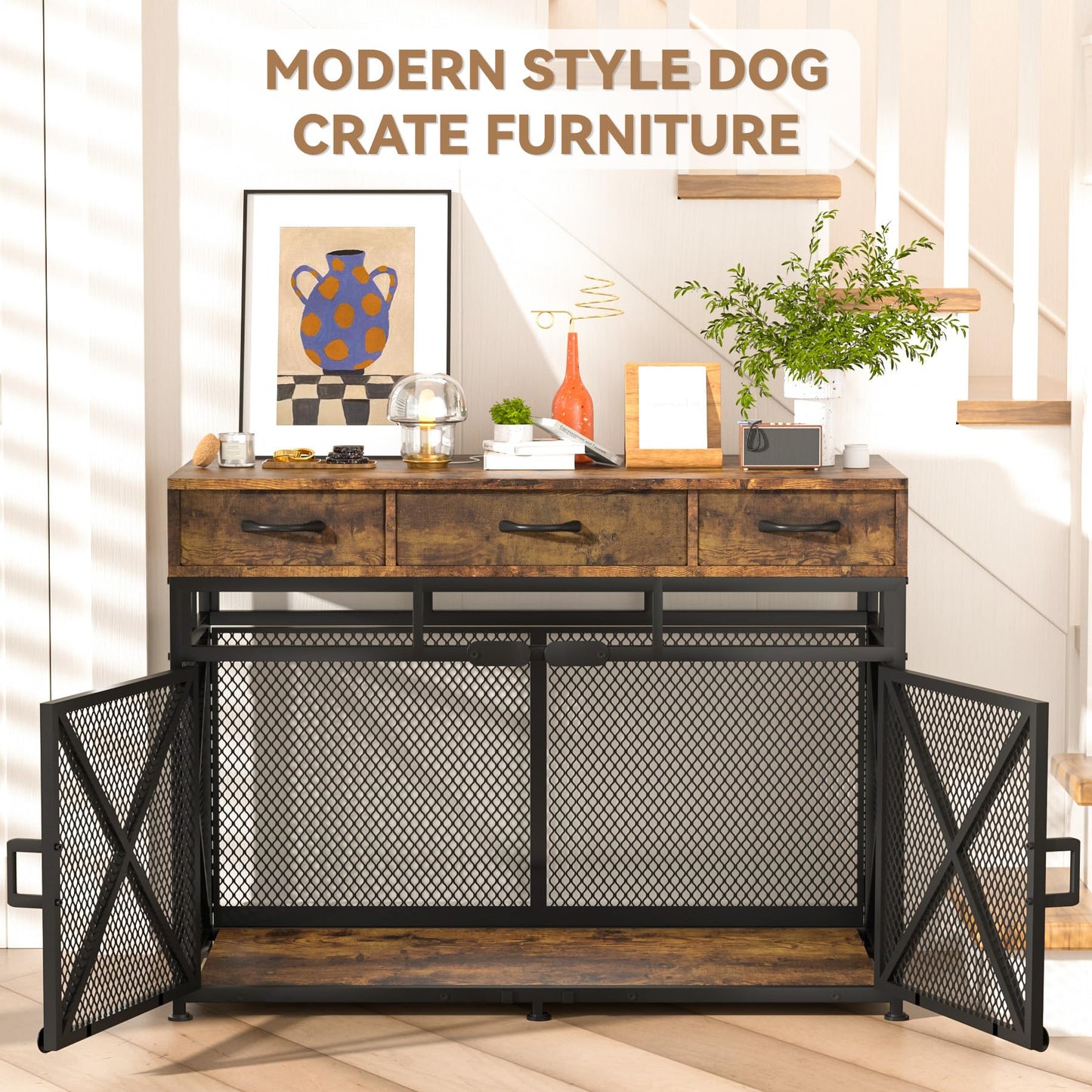 Dog Crate Furniture, 43.3inch Heavy Duty Dog Kennel with 3 Fabric Drawers and Storage, Dog Crate Side End Table for Entryway, Indoor Furniture-Style Dog House Cage for Large Medium Small Dogs, Brown