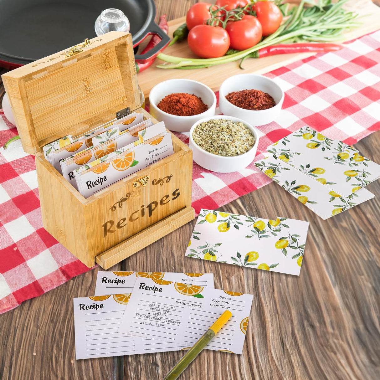 Youeon Bamboo Recipe Box with Cards and Dividers and Pull out Phone Holder, 7 x 4.2 x 5.8 in Kitchen Recipe Card Organizer with 100 Recipe Cards 4"x6", Rustic Recipe Holder, Kitchen Gift Youeon
