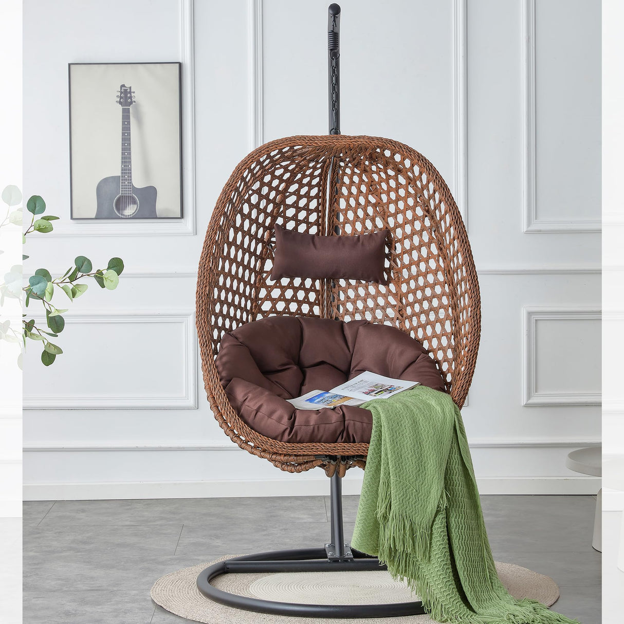 CRIPNAS Egg Swing Chair Outdoor with Stand, Hanging Egg Rattan Basket Chair with Cushion and Pillow, Lounge Chair, Foldable Basket and Metal Stand for Porch, Patio, Bedroom, Balcony,Yard (Brown) CRIPNAS