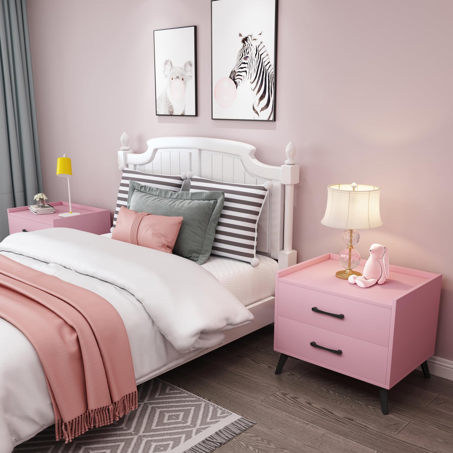 Youmumeub Nightstand with 2 Drawers: Pink Besides - Table for Bedroom Modern End Table for Bedroom Small Caninet with Solid Metal Legs