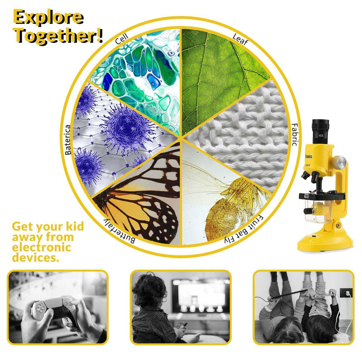 Science Kits for Kids Beginner Microscope with LED 100X 400X and 1200X-Include Sample Prepared Slides 12pc- Educational Toy Birthday Gift Yellow Little World