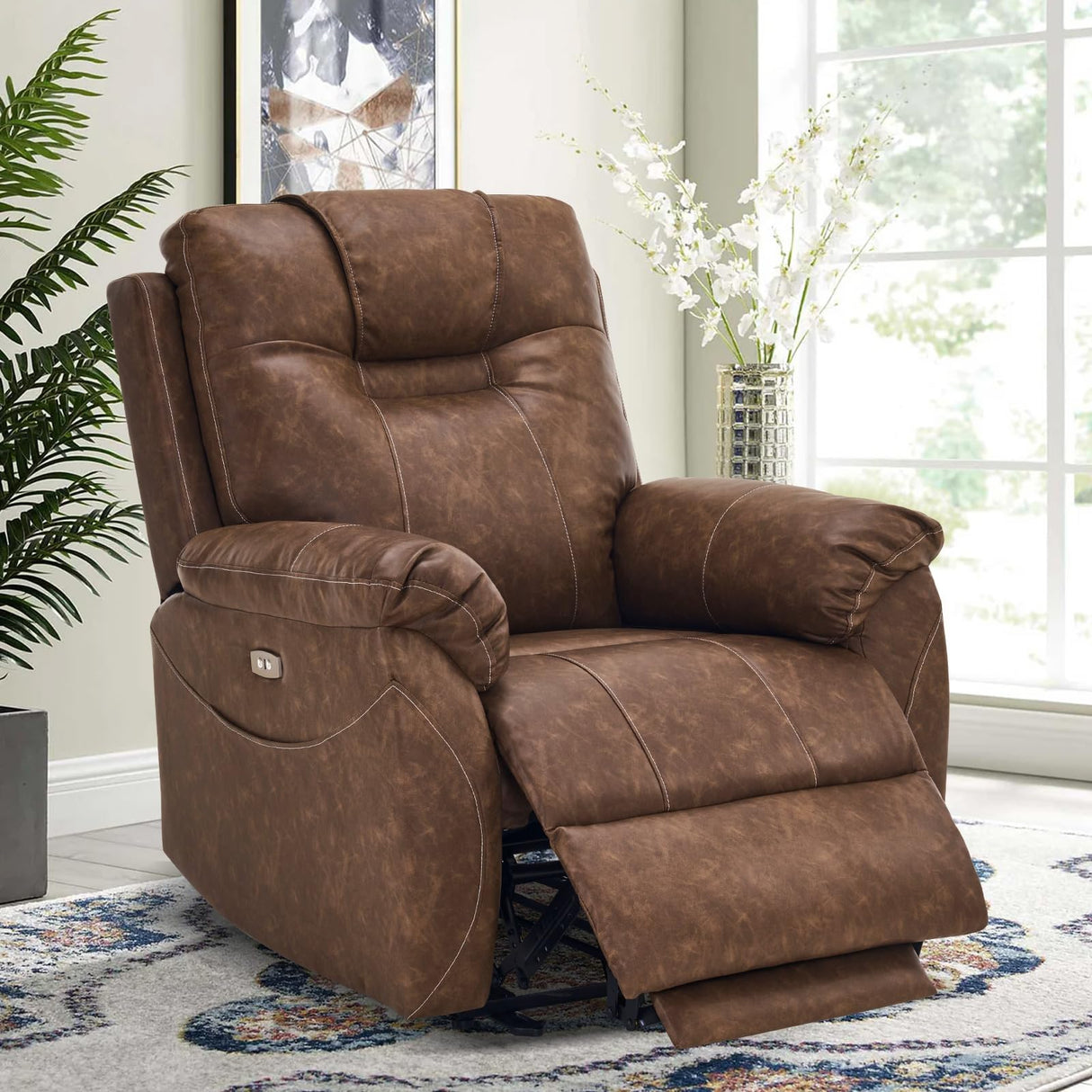 RIHEREFY Power Recliner Chair, Wall Hugger Recliner with Massage and Heat, PU Leather Recliner Chair with 2 Side Pockets & USB Ports for Living Room RIHEREFY
