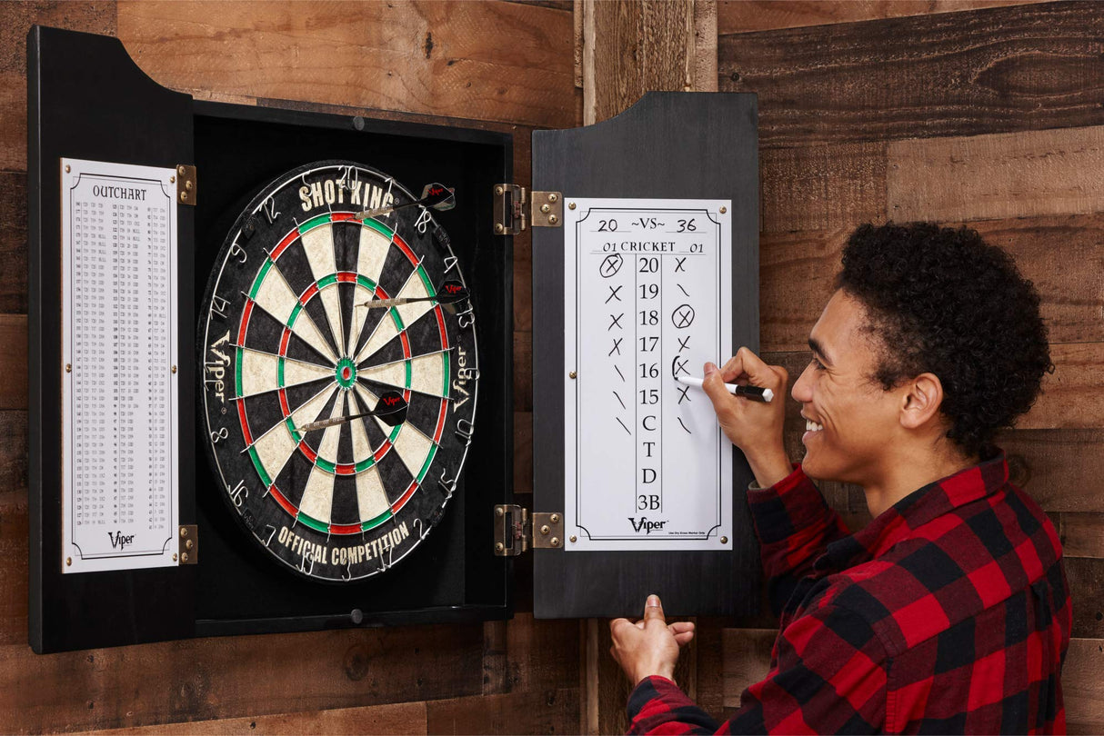 Viper by GLD Products Hudson Solid Wood Cabinet for Sisal/Bristle Steel Tip Dartboard with Dry Erase Scoreboard and Out-Chart, Black Finish Viper
