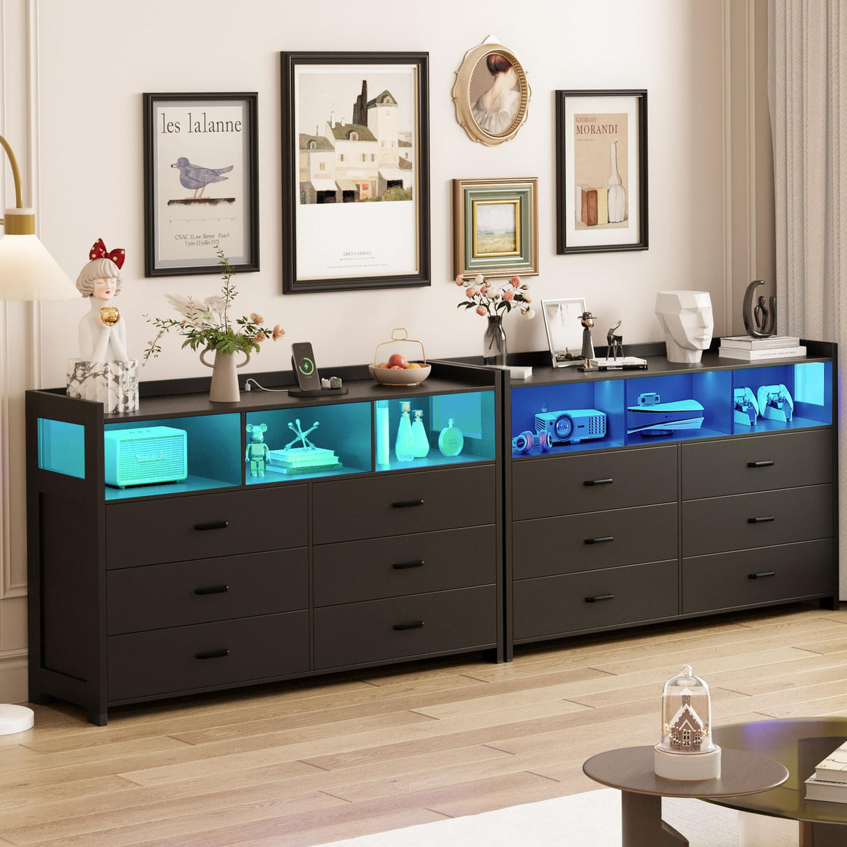 Whalefall Black LED Dresser for Bedroom, 6 Drawer Dressers & Chests of Drawers with Power Strip, Modern Dressers Wooden Storage Cabinet for Adults, Kids Whalefall