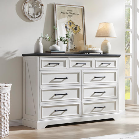 ACCOHOHO Farmhouse 9 Drawer Dresser for Bedroom, 36 Inch Tall Modern Dresser TV Stand with Large Drawers & Bar Handles, Rustic Wood Chest of Drawers for Bedroom, Living Room, Hallway, Off White ACCOHOHO