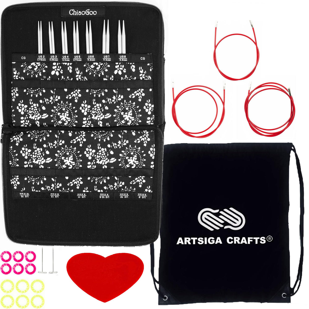 ChiaoGoo Twist Red Lace 4-Inch Small 7400-S Interchangeable Circular Knitting Needle Set, Sizes US 2, 3, 4, 5, 6, 7, 8, Stainless Steel with 4 Cords with Project Bag ChiaoGoo
