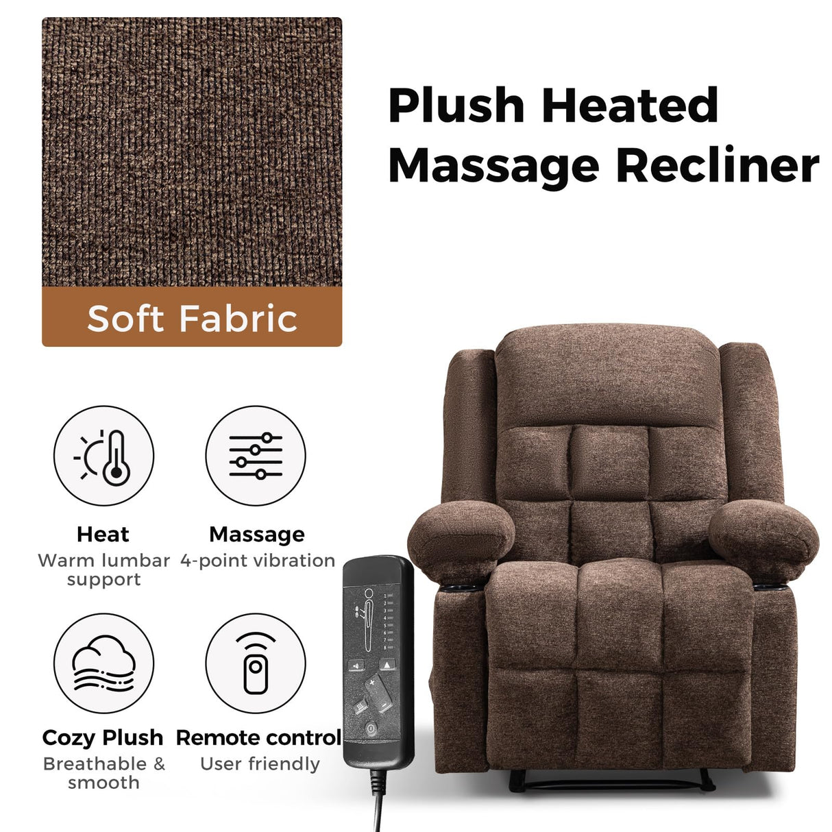 HAOMARKETS Classic Manual Recliner with Massage and Heat for Adults, Breathable Fabric Recliners with Two Cup Holders, Overstuffed Heavy Duty Reclining for Living Room, Brown HAOMARKETS