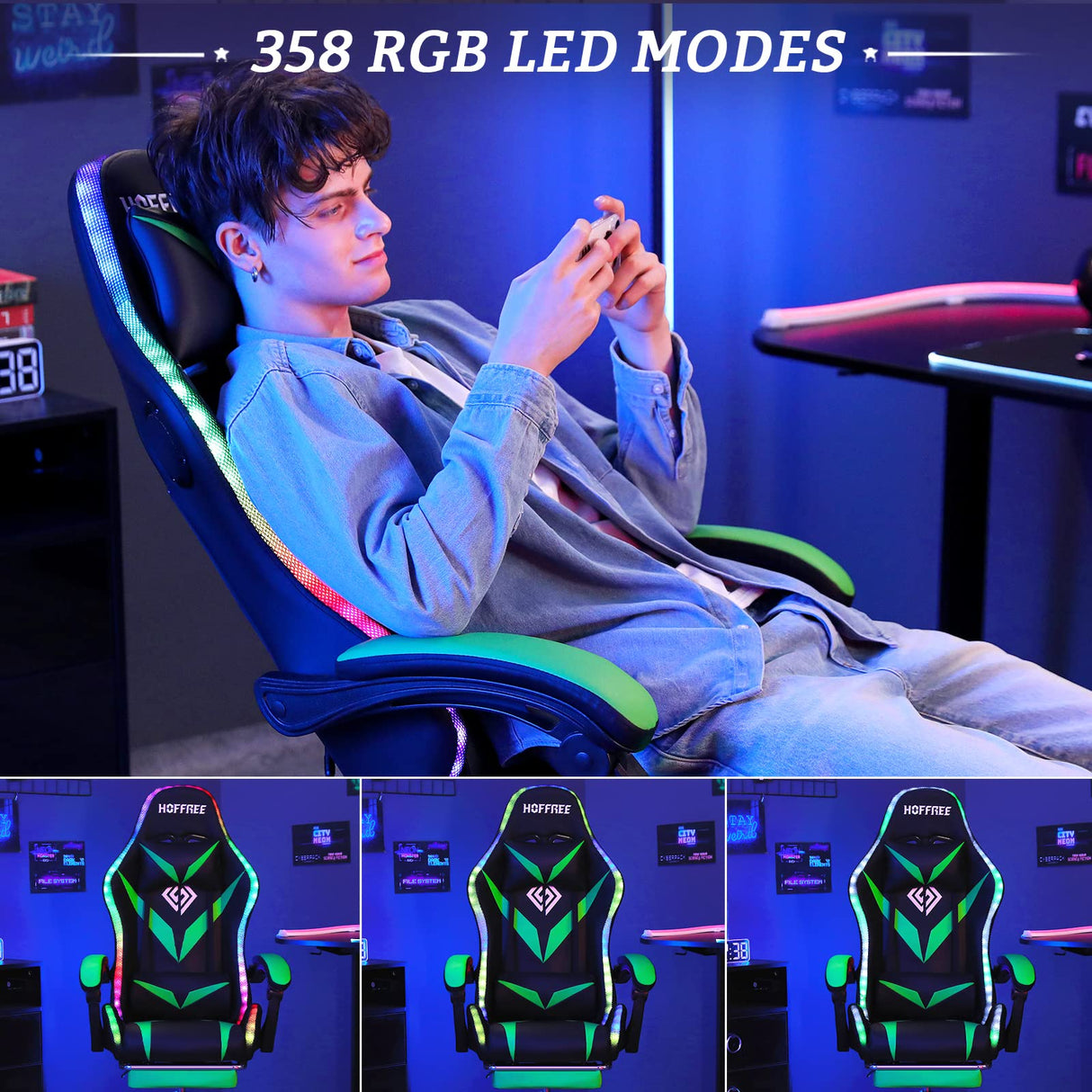 Gaming Chair with Bluetooth Speakers and RGB LED Lights Ergonomic Massage Computer Gaming Chair with Footrest Video Game Chair High Back with Lumbar Support Light Green and Black VANSPACE