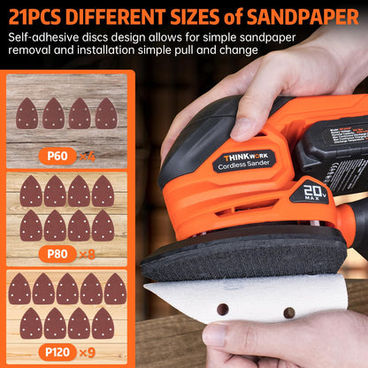 THINKWORK Cordless Detail Sander - 20V Electric Sander Tool with 21Pcs Sandpapers, 12000 OPM Power Sander with Dust Collection, Battery, Charger, Bag, Compact Hand Sanders for Woodworking,San - WoodArtSupply