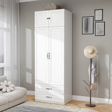 Armoire Wardrobe Closet with Doors: 89" Extra Tall White Wardrobe with Storage on Top, Bedroom Armoires with 2 Doors and 2 Drawers, Large Wood Closet Armoire for Hanging Clothes (A, 31.5") LABROSKIA