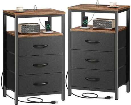 Huuger Nightstands Set of 2, 27.6 Inch End Tables with Charging Station, Fabric Drawers, Bedside Tables with USB-C Port and Outlet, Night Stands for Bedroom, Rustic Brown and Black Huuger