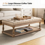 HULALA HOME Rectangle Ottoman Coffee Table with Tray, Tufted Living Room Ottoman with Solid Wood Storage Shelf, Linen HULALA HOME