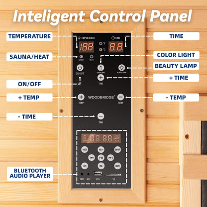 WOODBRIDGE Infrared Home Sauna Room 2 Person Hemlock Wooden Indoor Sauna,7 Carbon 1980W/120V Heaters,with Led Color Therapy Light,Bluetooth Speaker,Tempered Glass,Touch-Tone Keypad and A Top Vent