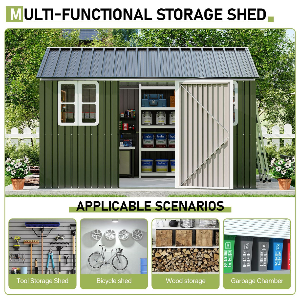 Vanacc 12x10.3x8.1 FT Galvanized Steel Outdoor Storage Shed with a Lockable Hinged Door and 2 Windows, Metal shed for Garden, Backyard, Dark Grey/White VanAcc