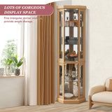 XUWANSHANG Corner Curio Cabinets,Lighted 3-Side Glass Display Curio Cabinet, Curved Wood Corner Cabinet,Curio Cabinets with Glass Doors,Adjustable Shelves,Curio Cabinet for Living Room,Light Oak XUWANSHANG