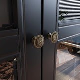 Hitow Curio Cabinet with Glass Doors, Arched Display Cabinet with Drawers & Solid Pine Legs, 34.6" W Arch Bookcase, 5-Tier Black Display Case for Collectibles, Living Room Hitow