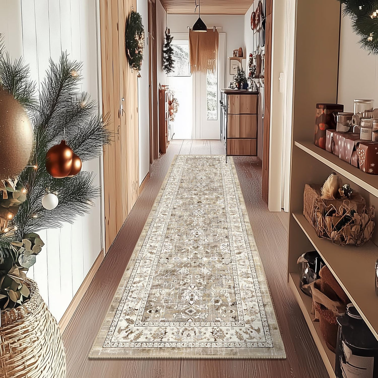 LOKHOM Washable Runner Rug, 2x8 Non-Slip Vintage Hallway Runner Rug with Rubber Backing, Boho Floral Soft Faux Wool Kitchen Runner Rug Carpet Runner for Kitchen Laundry Entryway Bedroom (Beige Brown) LOKHOM
