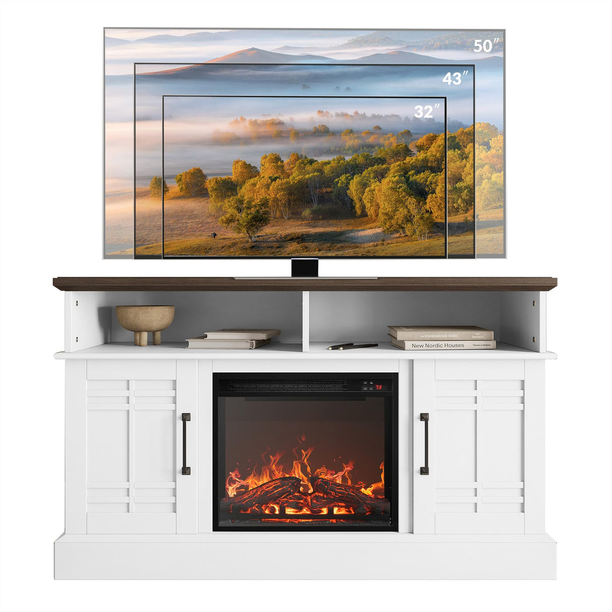 BELLEZE 48" TV Stand with 18" Electric Fireplace Heater, Modern TV Stand for TVs up to 50", Entertainment Media Stand with Open Shelves and Storage Cabinets for Living Room, Bedroom (White) BELLEZE