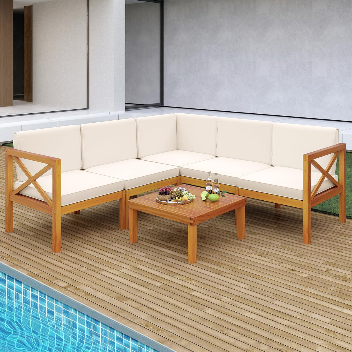 Tangkula 6 Pieces Acacia Wood Patio Furniture Set, Outdoor Sectional Conversation Set with Cushions and Coffee Table, L Shaped Corner Sofa Set for Garden, Porch, Poolside and Backyard (Off White) Tangkula