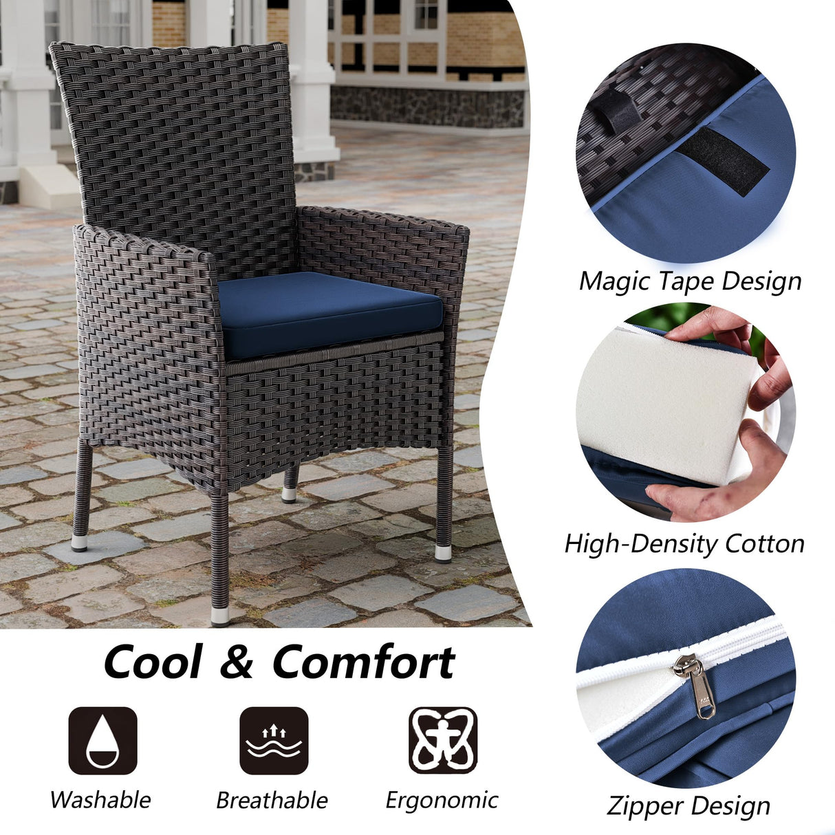 Kullavik 10-Piece Outdoor Dining Set Patio Rattan Furniture Set,Patio Dining Table and Chairs Set with 8 Chairs and Cushions,Square Glass Tabletop with Umbrella Hole for Patio,Backyard,Garden,NavyBlue Kullavik