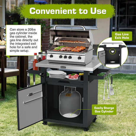 NUUK Grill Carts Outdoor with Enclosed Cabinet and Storage Drawer, Portable Patio Bar Cart with Wheels Stainless Steel Kitchen Storage Island 20" x 30" Rolling Prep Station for BBQ, Deck, Backyard NUUK