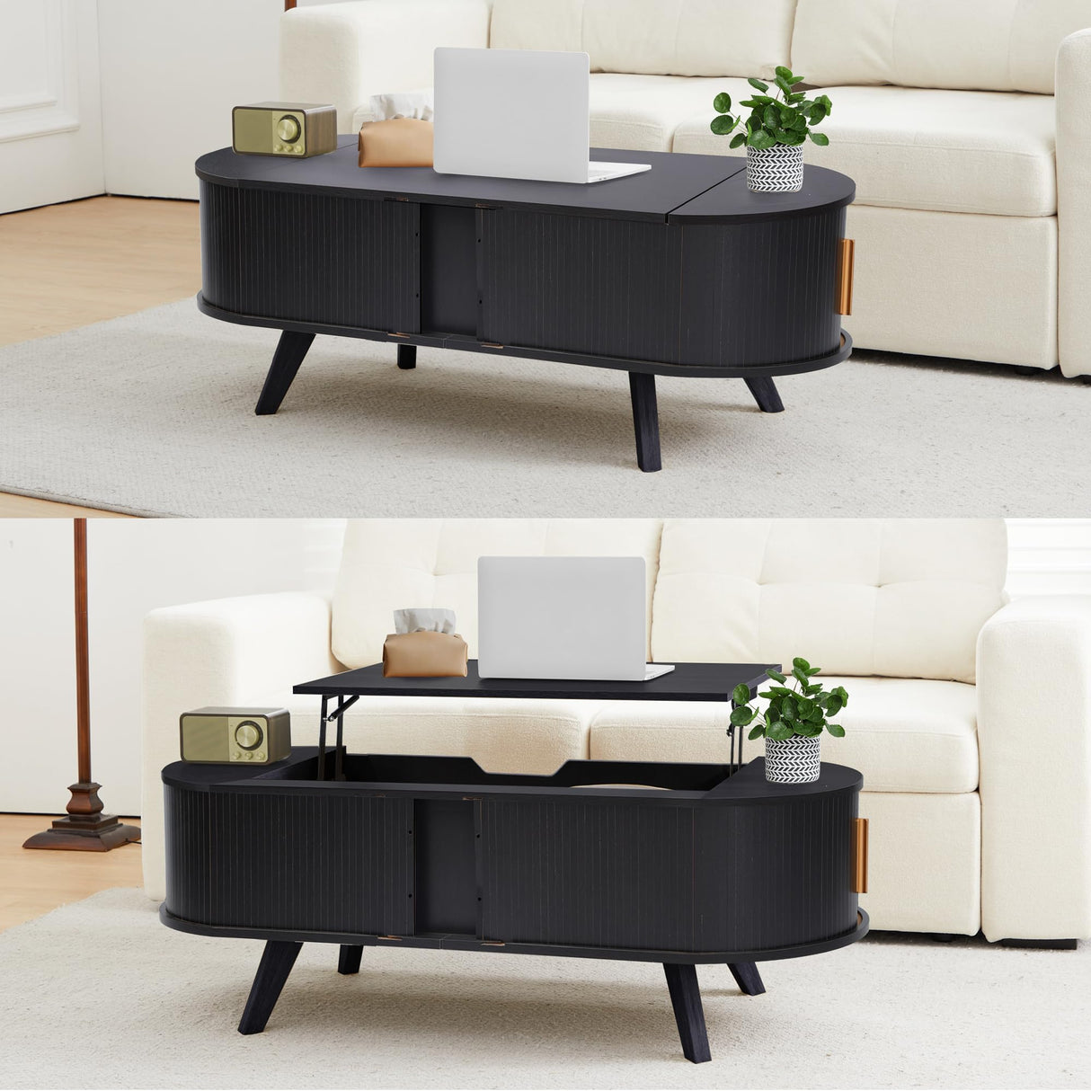 Bifins Lift Top Coffee Table with Storage,47.2" Oval Coffee Table with Sliding Tambour Door,Mid Century Modern Coffee Table with Lifting top for Living Room (Black, Tambour Door) Bifins