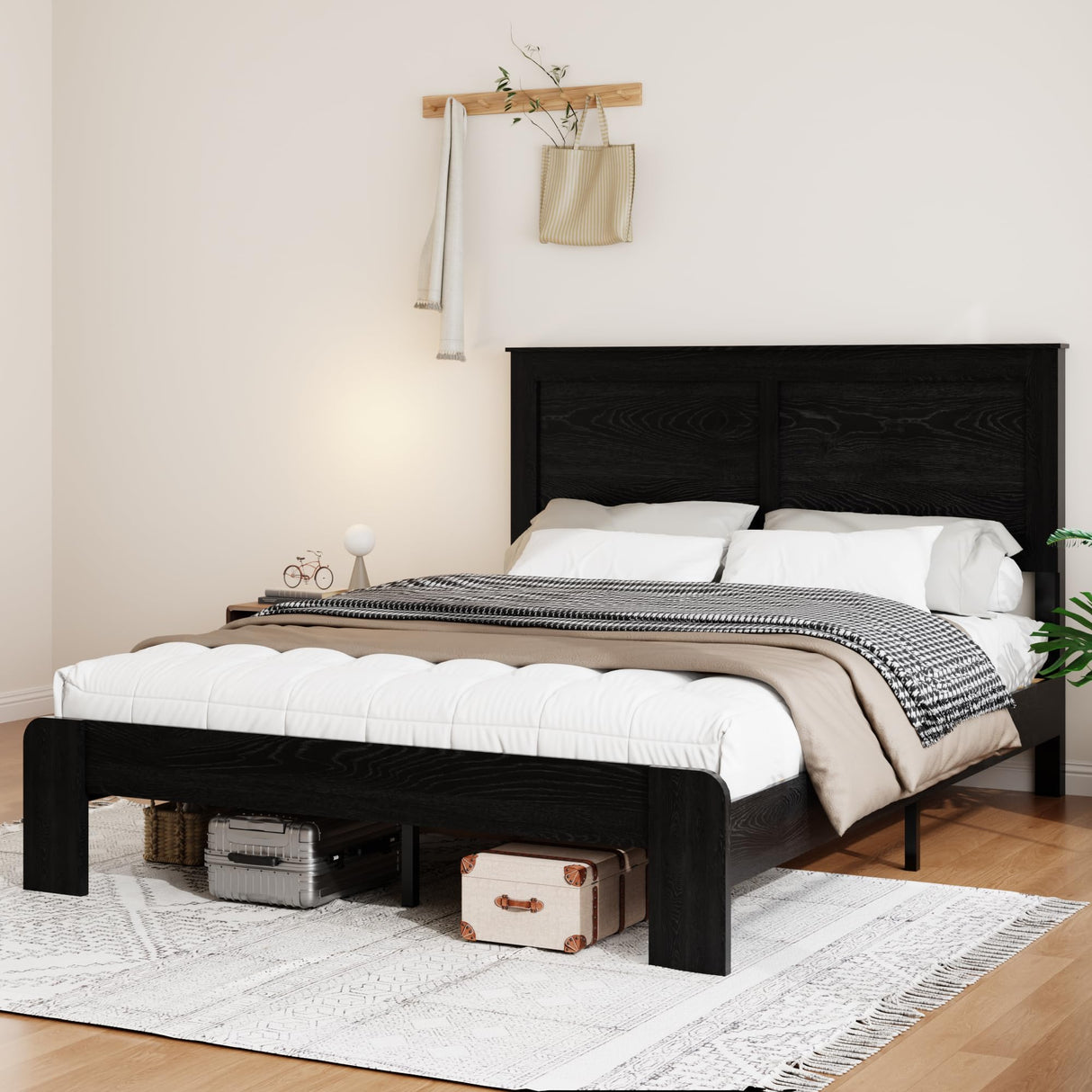 SAMTRA Wooden Bed Frame Full Size with Headboard, Farmhouse Platform Bedframe with Wood Slat Support, Sturdy Framework Bed Frame, Easy Assembly (Rustic Black) SAMTRA