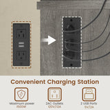 HAUOMS Farmhouse Executive Desk with Drawers Computer Desk with File Drawers, Power Outlet and Led Lights, Executive Office Desk with Storage Cabinet and Monitor Shelf for Home Office, Grey HAUOMS