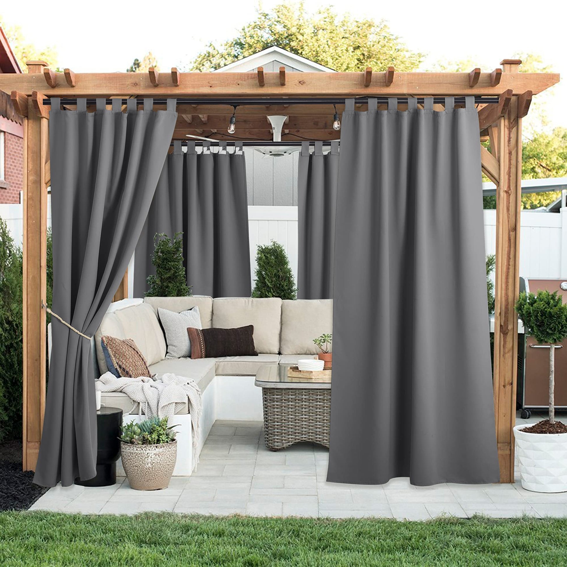 NICETOWN 2 Panels Patio Curtains Outdoor Waterproof 84 Long, Detachable Sticky Tab Top Heavy Weight Blackout Sunblock Window Treatment, Keep Privacy for Gazebo/Dock, W52 x L84, Grey - WoodArtSupply