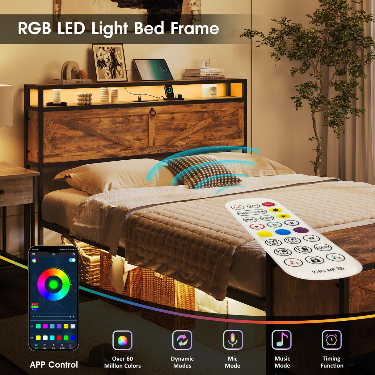 Fameill Full Size Bed Frame with Storage Ottoman and 2 Drawers, Farmhouse Metal Platform Bed with Headboard, LED Lights and Charging Station, No Box Spring Needed, Noise Free, Brown Fameill