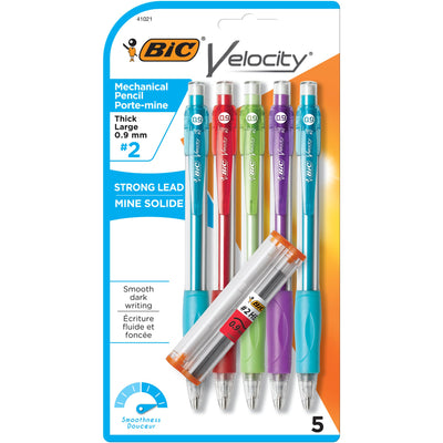 BIC Velocity Strong Lead Mechanical Pencils, With Colorful Barrel, Thick Point (0.9mm), 5-Count Pack Mechanical Pencils With Erasers