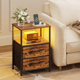TRIFEBLE Nightstands Set of 2, Night Stand with Charging Station and Led Lights, Bedside Table with 2 Fabric Drawers for Bedroom, Small Side End Table with Open Shelf, Rustic Brown TRIFEBLE
