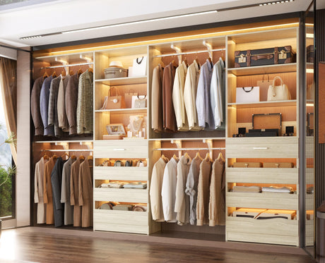 Aheaplus Closet System with 8 Wooden Drawers, Wood Closet Organizer System with Tower, Walk-in Closet Organizer Wardrobe Clothes Rack with 4 Hanging Rods, Garment Rack, Cut to Fit 7-12Ft, White Oak Aheaplus