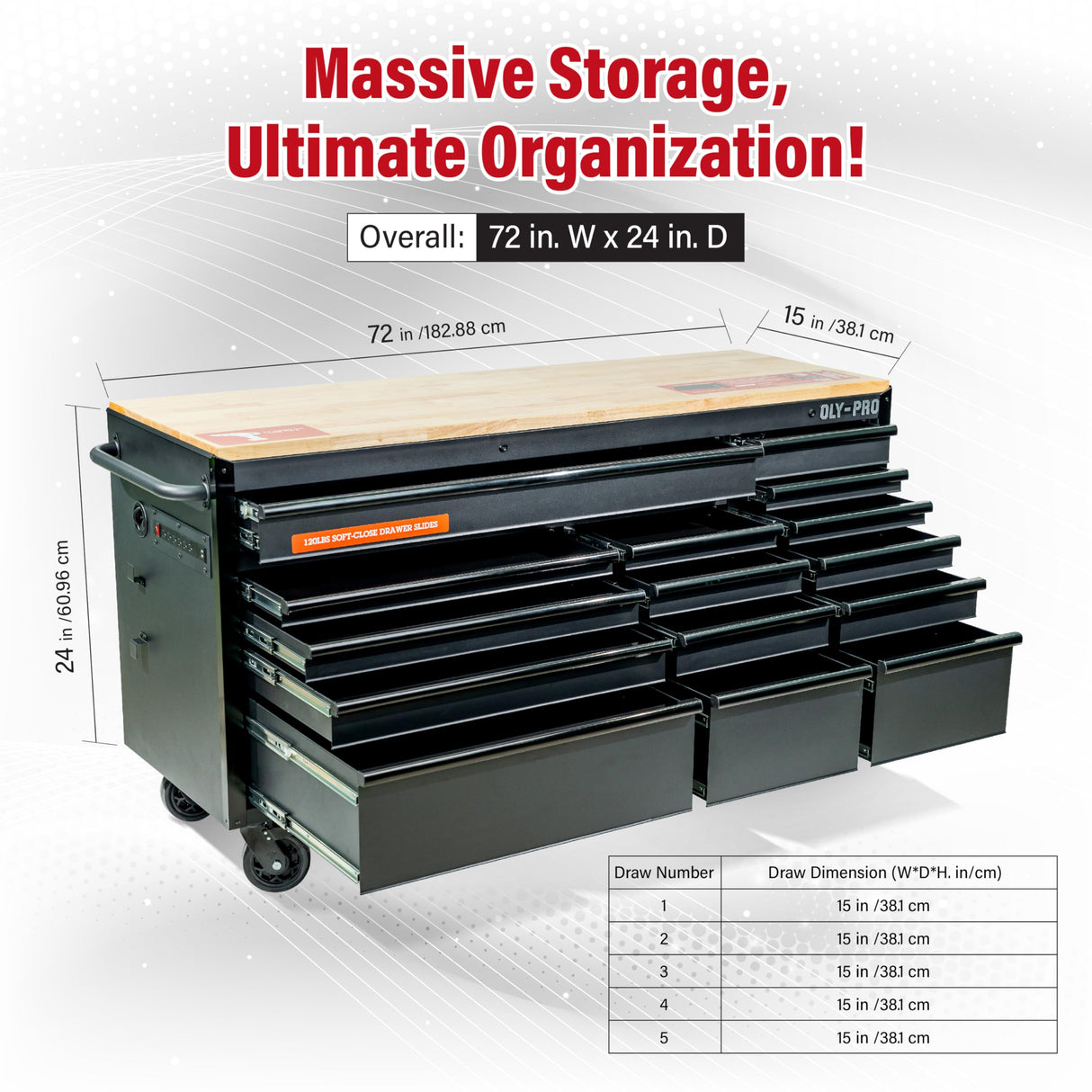 Olympia Tools 72 inch Heavy Duty Mobile Tool Chest Tool Box, with Solid Wood Top Workbench, 15-Drawer Rolling Tool Chest, Tool Storage Organizer for Garage, Workshop, and Home, Black Olympia Tools