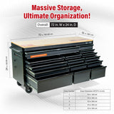 Olympia Tools 72 inch Heavy Duty Mobile Tool Chest Tool Box, with Solid Wood Top Workbench, 15-Drawer Rolling Tool Chest, Tool Storage Organizer for Garage, Workshop, and Home, Black Olympia Tools