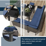 Temminkii 7 Piece Outdoor Dining Set, All-Weather Patio Furniture with Seat & Back Cushions, Conversation Sectional Sofa Set with Long Glass Coffee Table for Garden, Porch, Lawn, Blue Temminkii