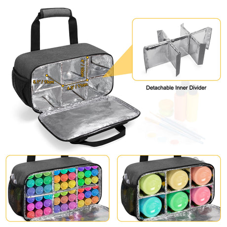 Acrylic Paint Organizer Bag for up to 54 Bottles (2 oz), Art Supply Storage Case with Handle Strap, Extra Pocket for Paint Brushes, etc, Aluminum Foil Liner for Easy Cleaning, Patented Design (Grey) GRAOSO