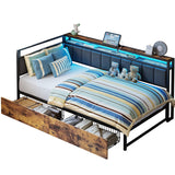 LIKIMIO Corner Bed Frame Twin Daybed with Storage Drawers, Metal Platform Bed Frame with LED Light, Charging Station & Fabric Upholstered Fence, Black LIKIMIO