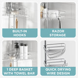 Zenna Home Tension Pole Shower Caddy Corner Organizer, Adjustable Standing Shower Caddy with 4 Baskets and Built in Towel Bar, Rust Resistant Bathroom Tension Rod Organizer, 60 to 97 Inch, Chrome Zenna Home
