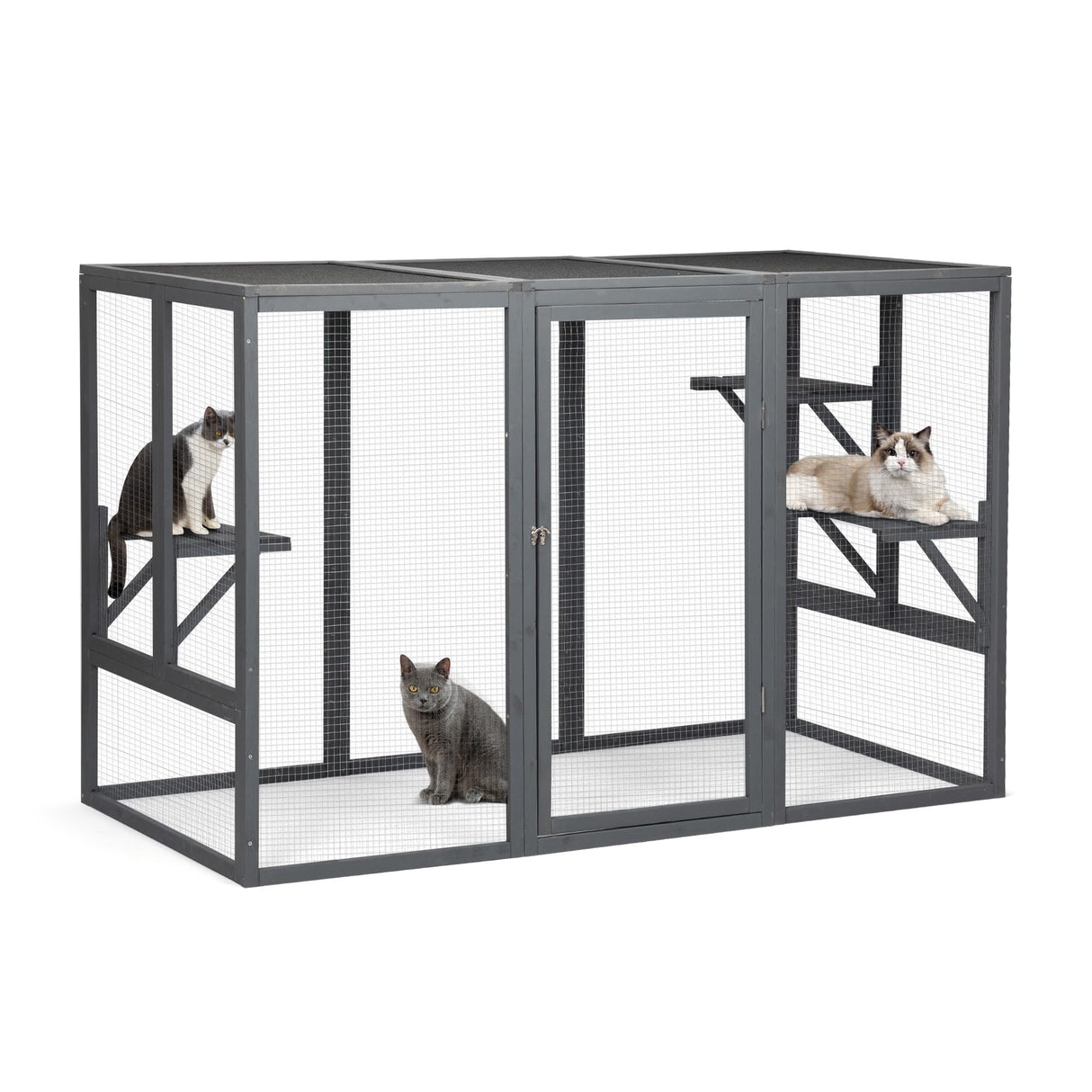 COZIVVOVV Outdoor Cat Enclosures, Weatherproof Catio for Cats, Large Cat Cage with 3 Platforms and Litter Box, Wooden Cat Crates for Indoor Cats & Cat House, Grey COZIVVOVV